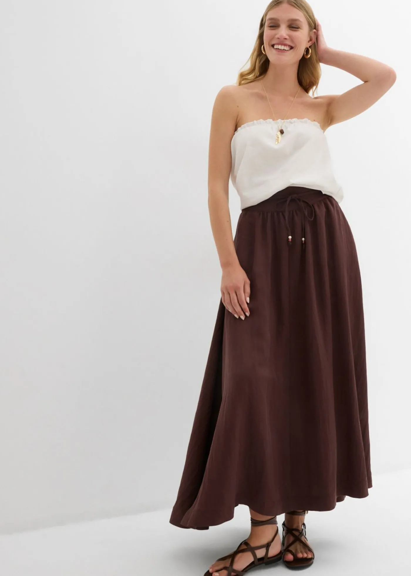 bonprix bonprix Falda larga de mezcla de lyocell fluido Marrón tierra Online