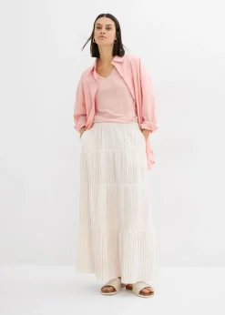 bonprix bonprix Falda larga de rayas de algodón puro cuarzo rosa-blanco lana con rayas Online