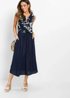 bonprix bonprix Falda larga de viscosa con cinturilla cómoda y lazo de anudar Azul marino