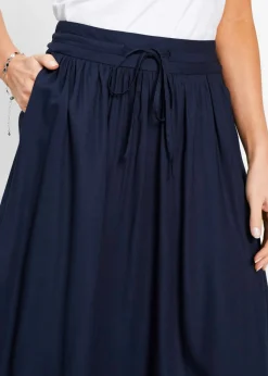 bonprix bonprix Falda larga de viscosa con cinturilla cómoda y lazo de anudar Azul marino