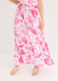 bonprix bonprix Falda larga de viscosa estructurada Blanco-fucsia de flores
