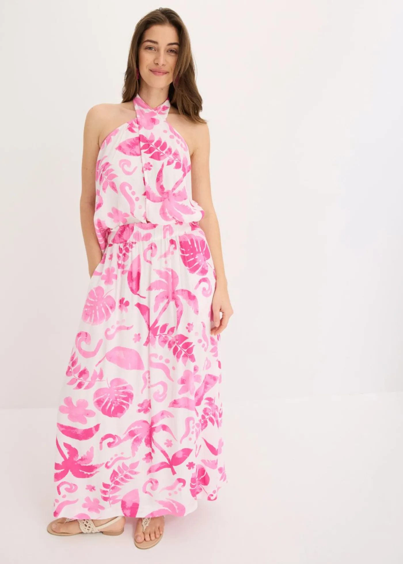 bonprix bonprix Falda larga de viscosa estructurada Blanco-fucsia de flores