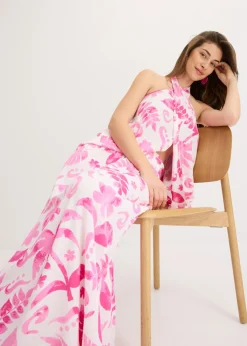 bonprix bonprix Falda larga de viscosa estructurada Blanco-fucsia de flores