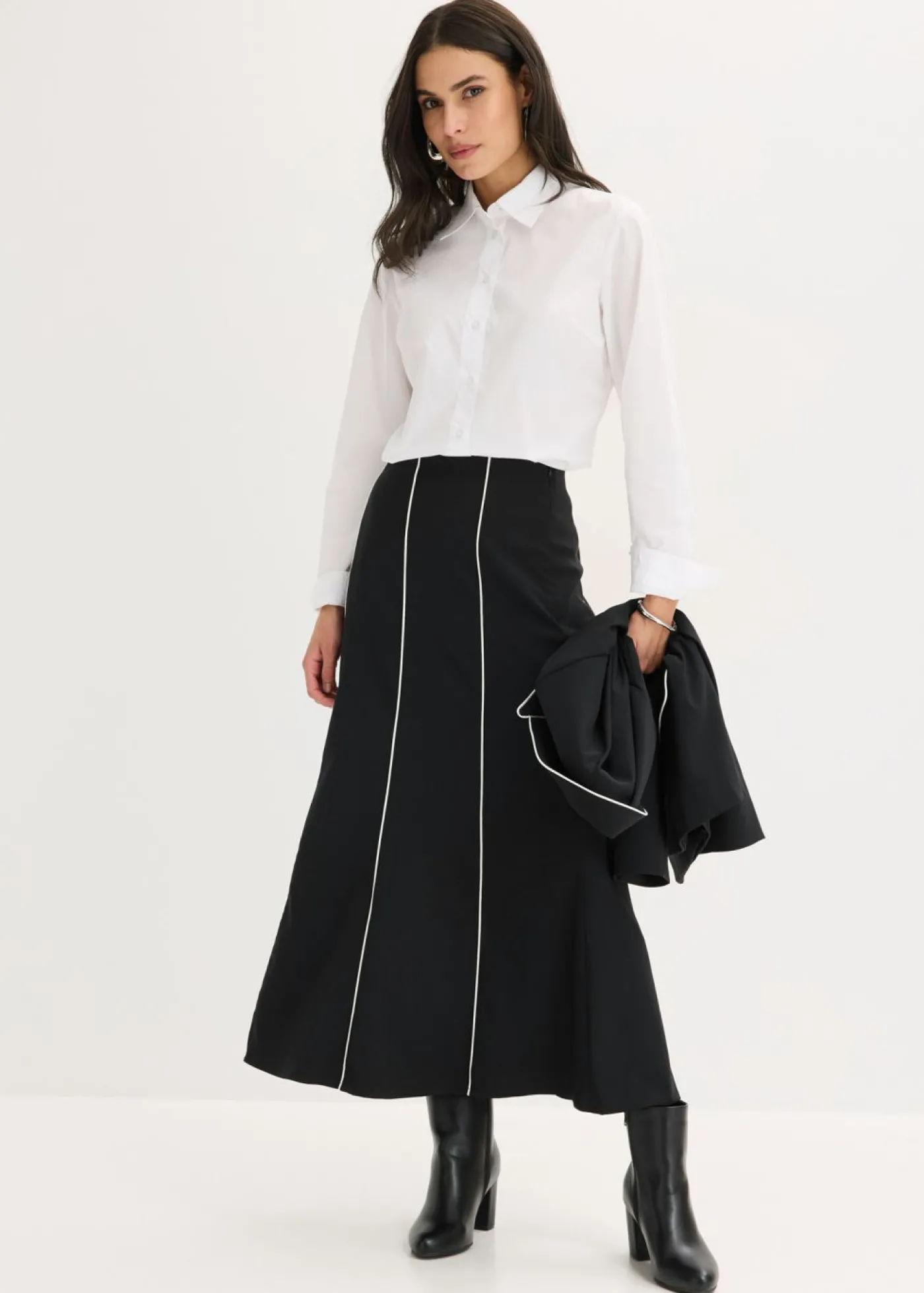 bonprix bonprix Falda larga elástica de bengalina Negro-blanco lana Best