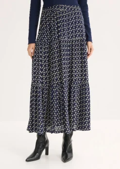 bonprix bonprix Falda maxi a capas con viscosa estructurada Azul marino de flores Hot