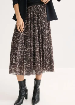 bonprix bonprix Falda midi acampanada con malla Marrón-negro con estampado de leopardo Best