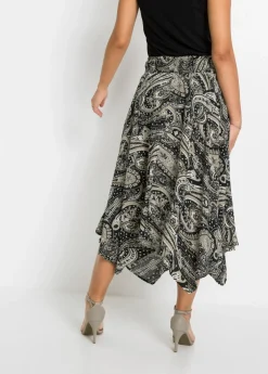 bonprix bonprix Falda midi asimétrica de viscosa pura Negro/beige arena con patrón paisley Discount