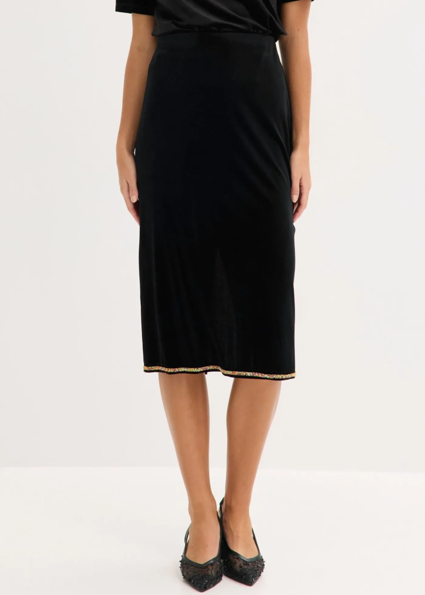 bonprix bonprix Falda midi con piedras brillantes Negro New