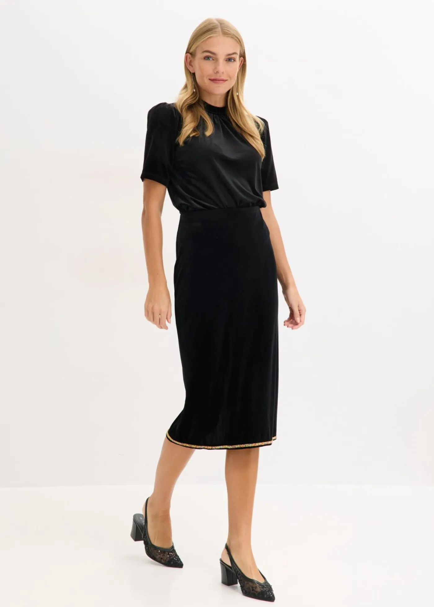 bonprix bonprix Falda midi con piedras brillantes Negro New