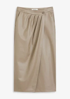 bonprix bonprix Falda midi cruzada de piel sintética Marrón grisáceo Clearance