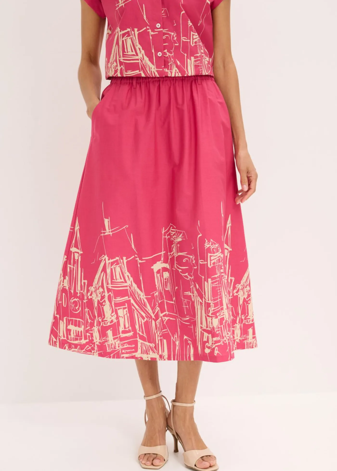bonprix bonprix Falda midi de algodón orgánico puro pink lady/gris guijarro Clearance