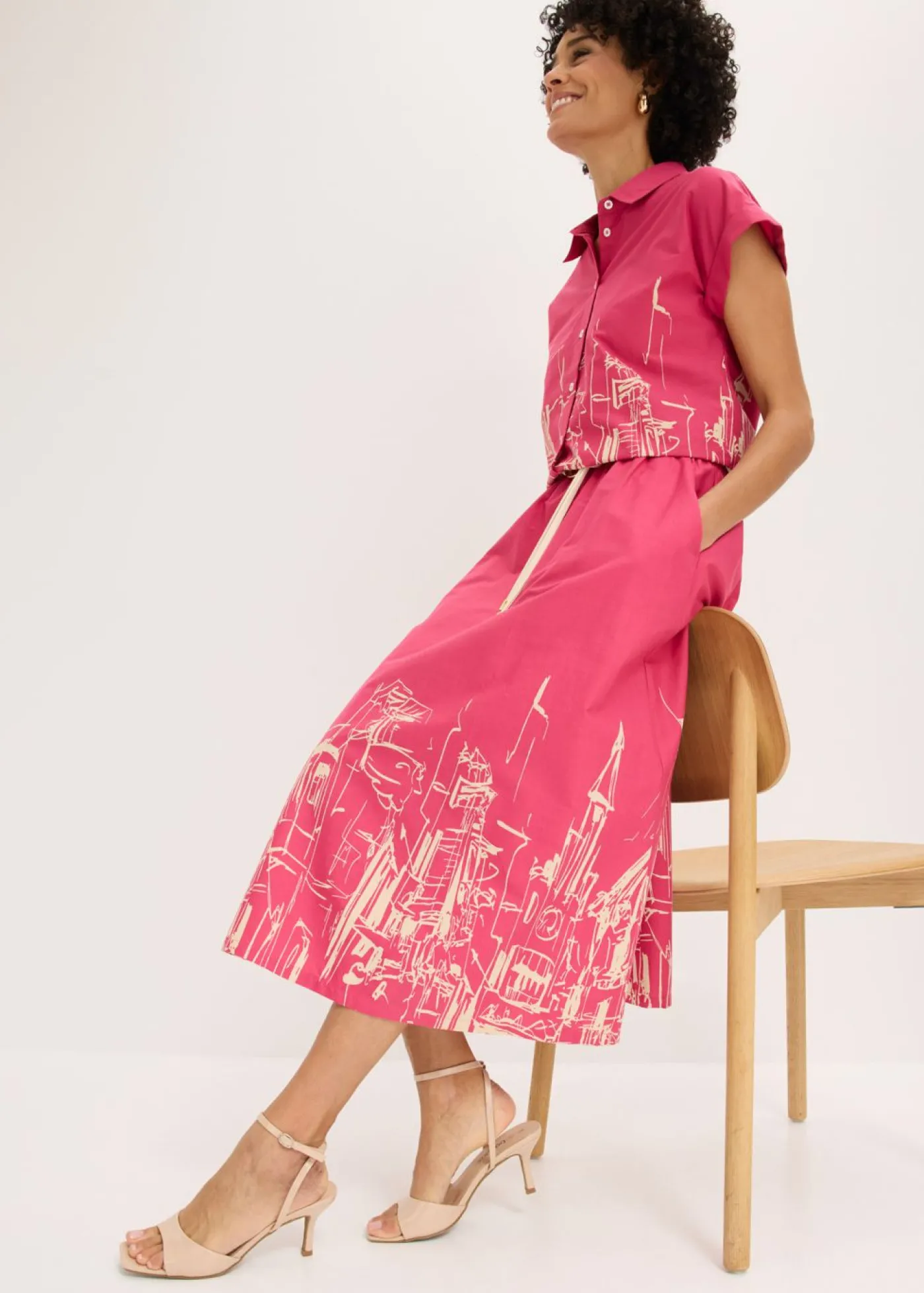 bonprix bonprix Falda midi de algodón orgánico puro pink lady/gris guijarro Clearance