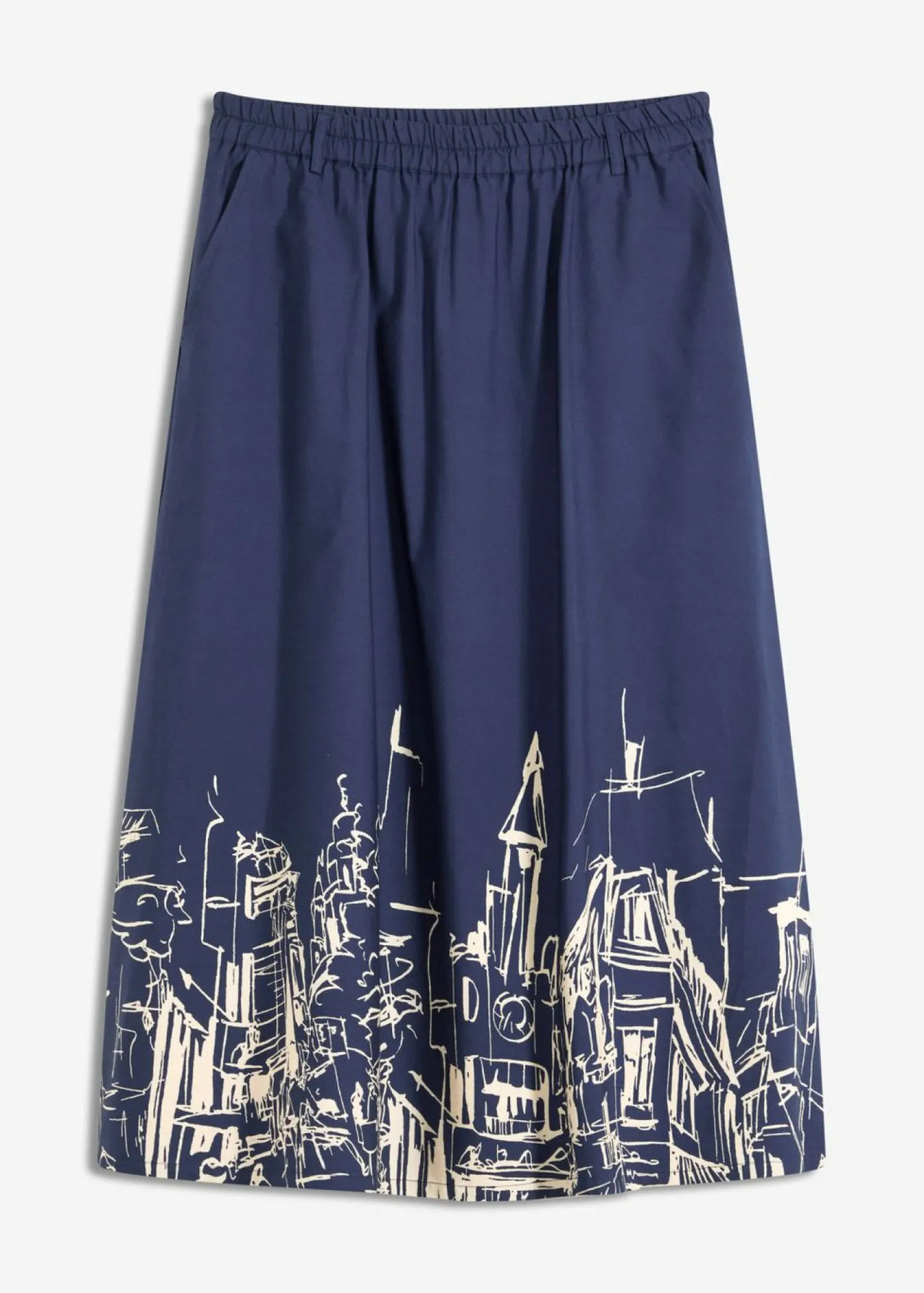 bonprix bonprix Falda midi de algodón orgánico puro azul marino/crudo con estampado gráfico Sale