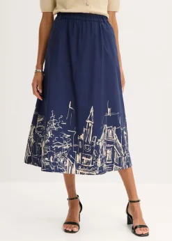 bonprix bonprix Falda midi de algodón orgánico puro azul marino/crudo con estampado gráfico Sale