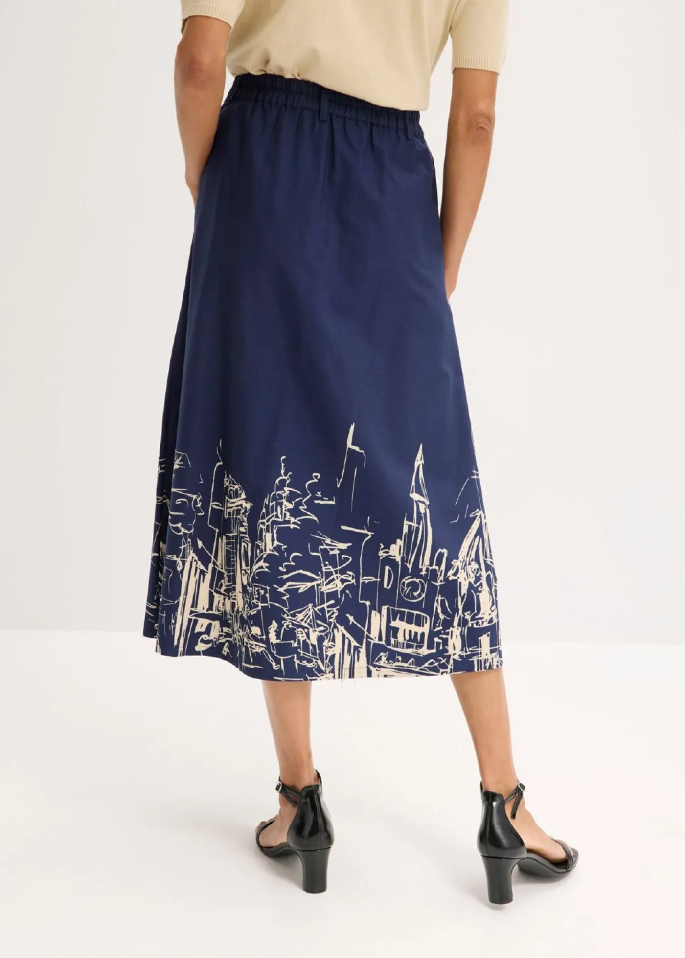 bonprix bonprix Falda midi de algodón orgánico puro azul marino/crudo con estampado gráfico Sale