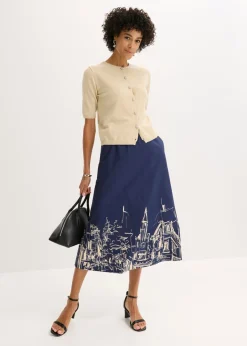 bonprix bonprix Falda midi de algodón orgánico puro azul marino/crudo con estampado gráfico Sale