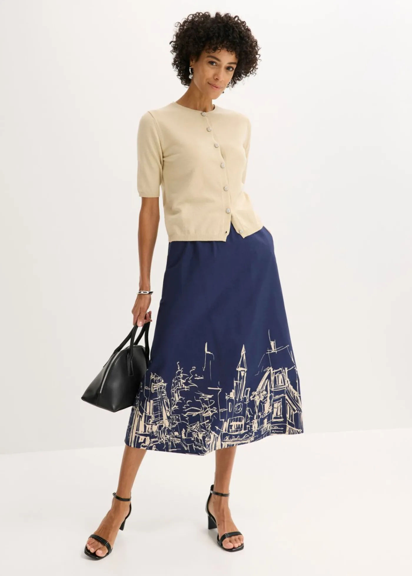 bonprix bonprix Falda midi de algodón orgánico puro azul marino/crudo con estampado gráfico Sale