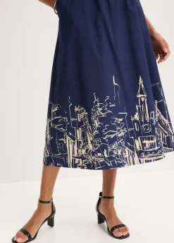 bonprix bonprix Falda midi de algodón orgánico puro azul marino/crudo con estampado gráfico Sale