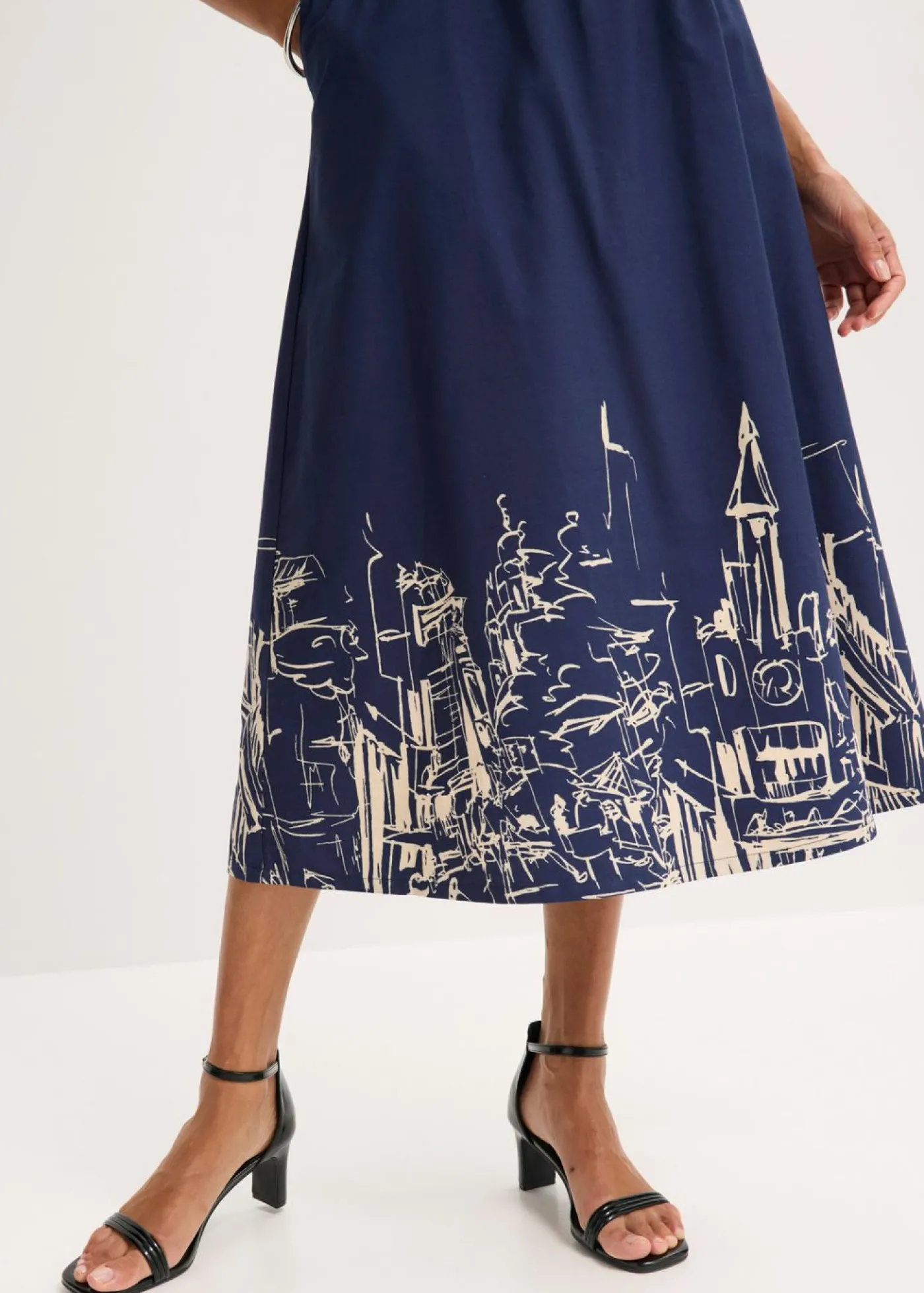 bonprix bonprix Falda midi de algodón orgánico puro azul marino/crudo con estampado gráfico Sale
