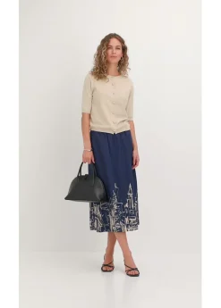bonprix bonprix Falda midi de algodón orgánico puro azul marino/crudo con estampado gráfico Sale