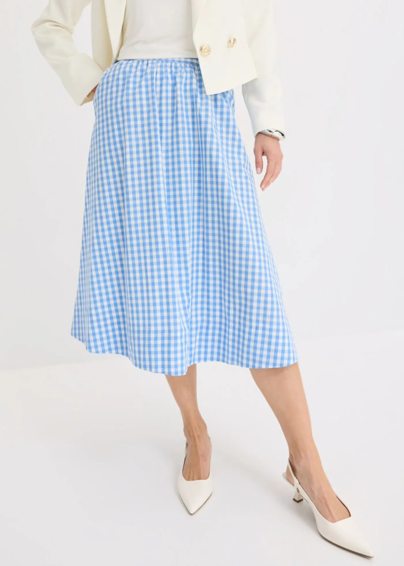 bonprix bonprix Falda midi de algodón puro Azul provenzal/blanco lana de cuadros