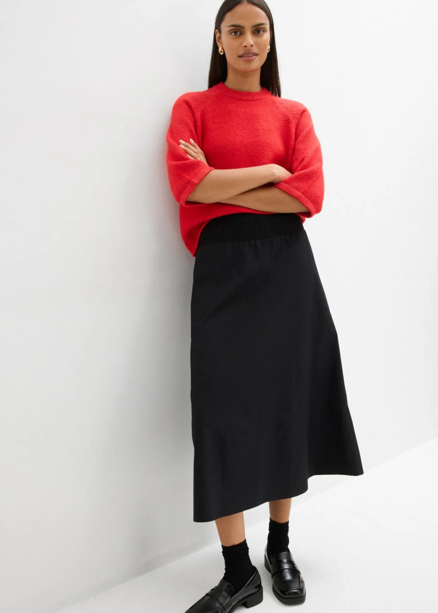 bonprix bonprix Falda midi de algodón puro Negro Outlet