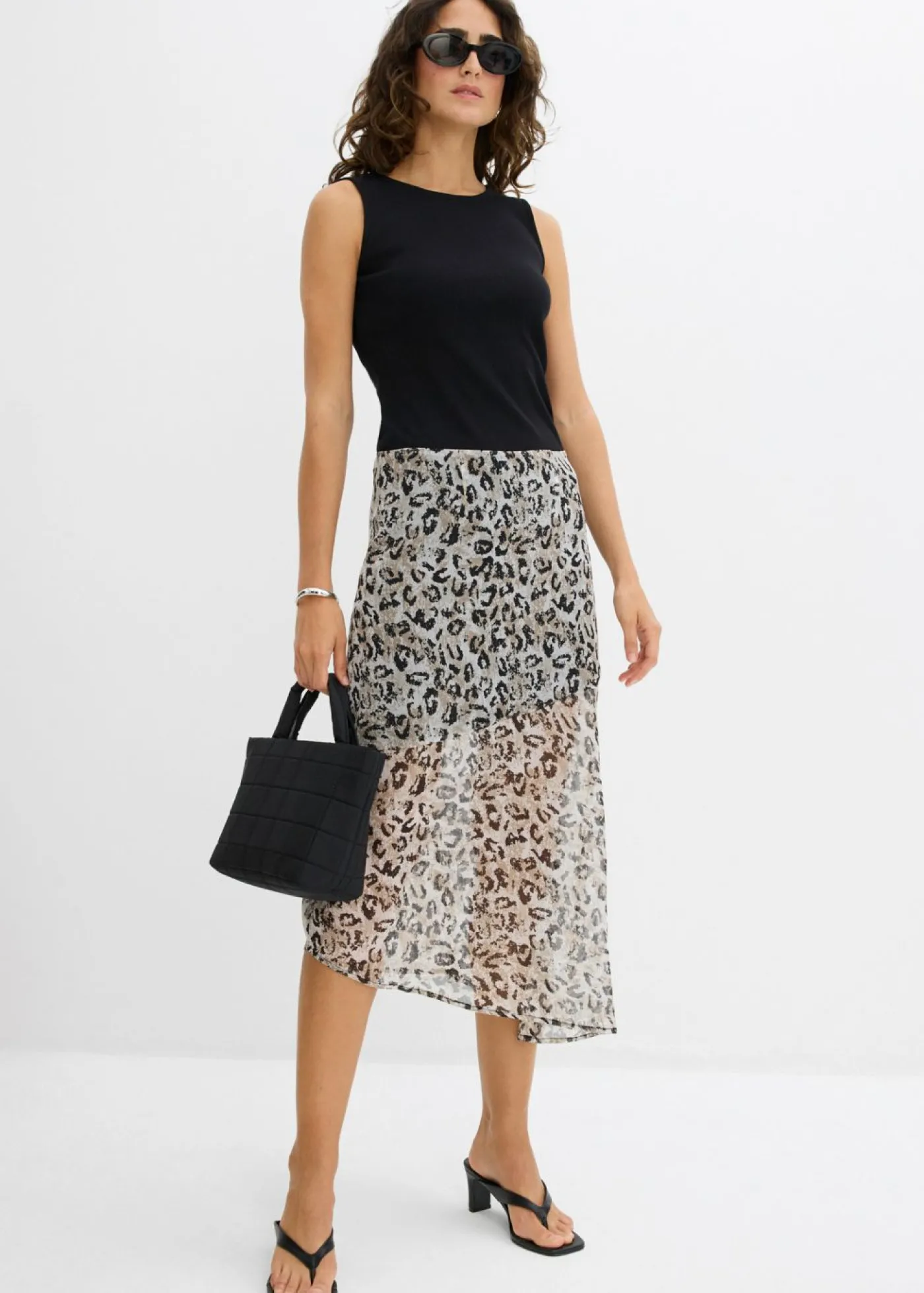 bonprix bonprix Falda midi de gasa fina estampado leo gris Discount