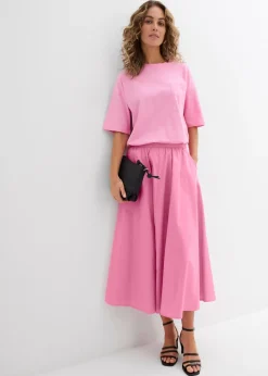 bonprix bonprix Falda midi de mezcla de algodón elástico Rosa Discount
