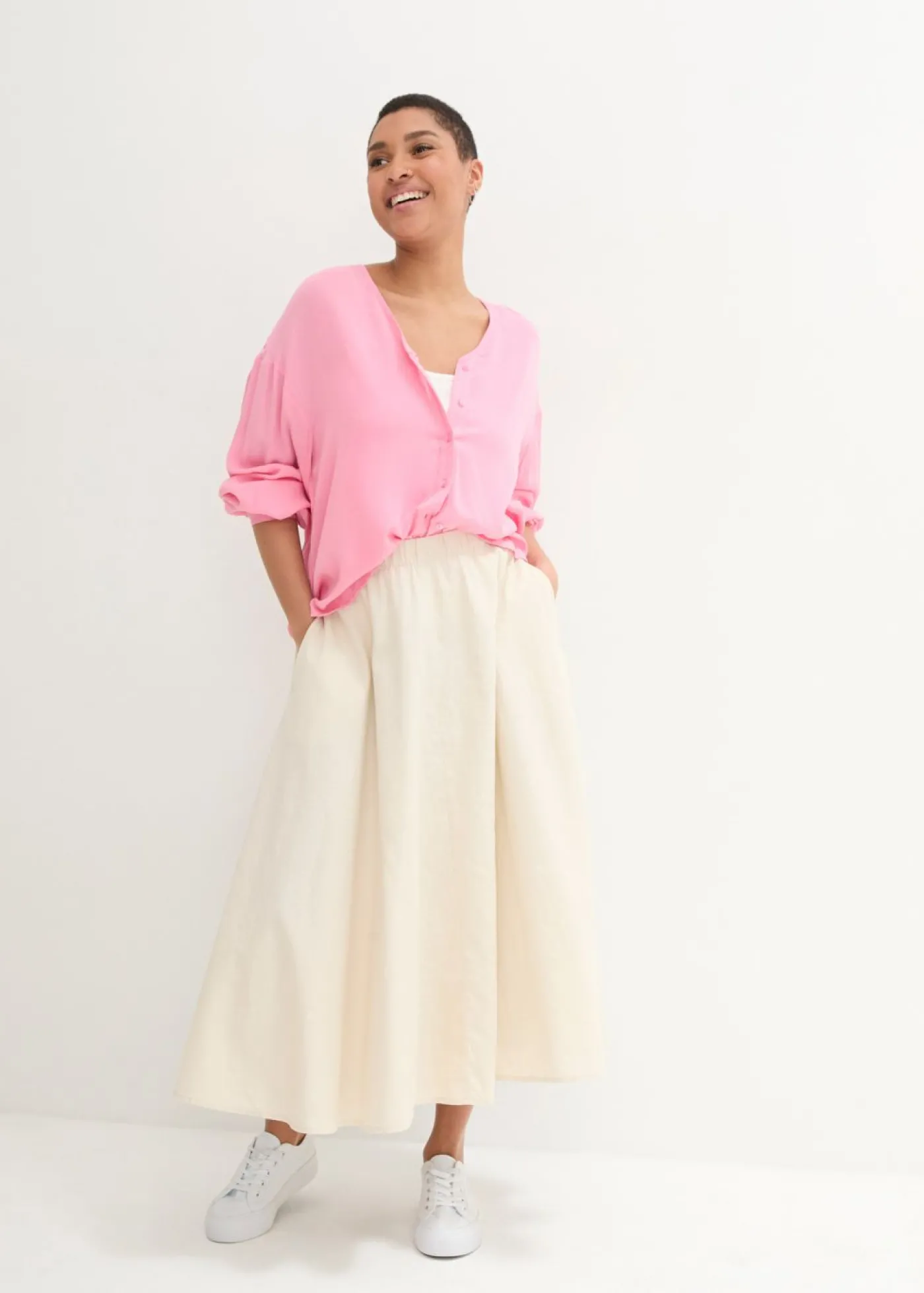 bonprix bonprix Falda midi de mezcla de lino gris guijarro Hot