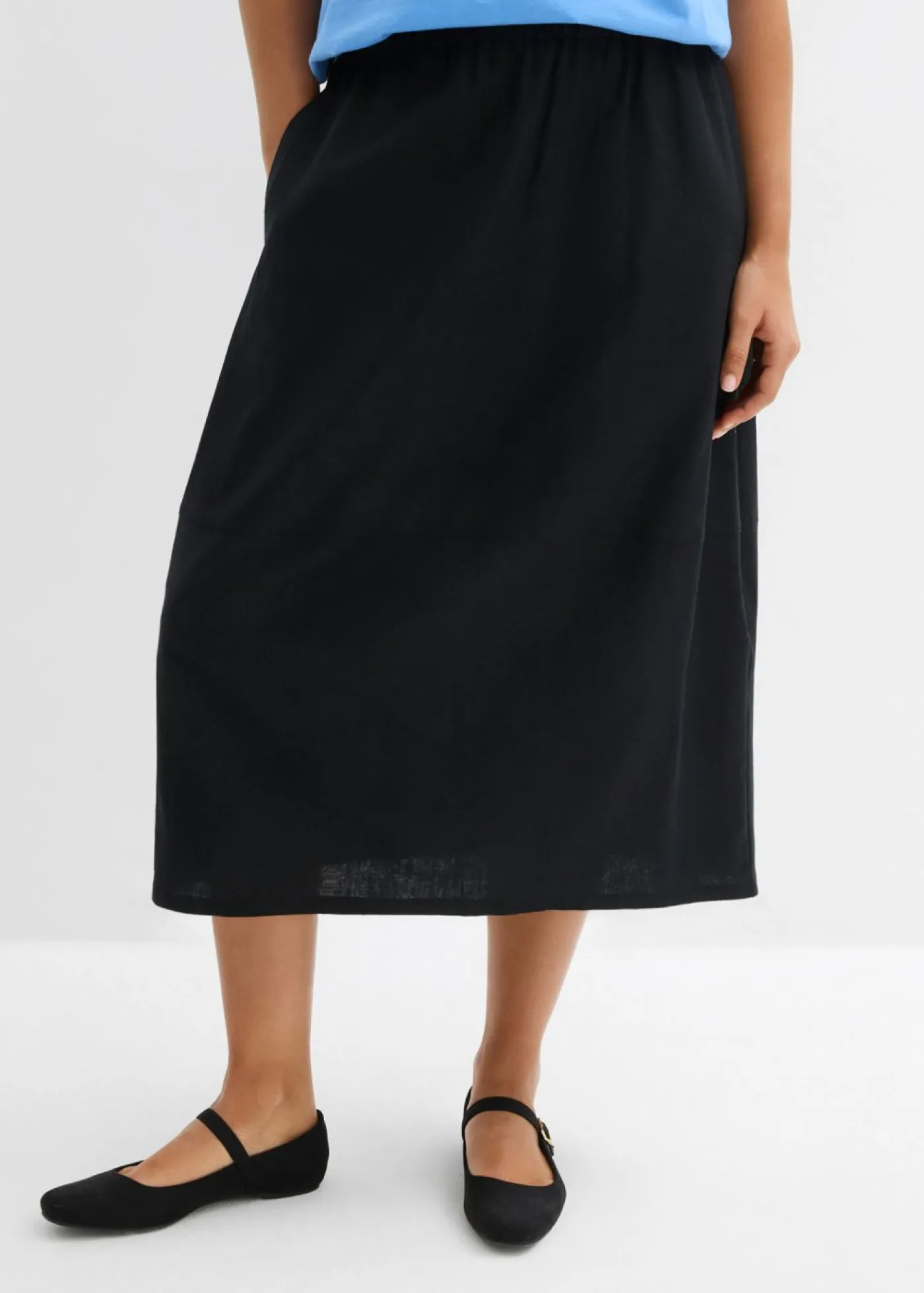 bonprix bonprix Falda midi de mezcla de lino ligero Negro Hot
