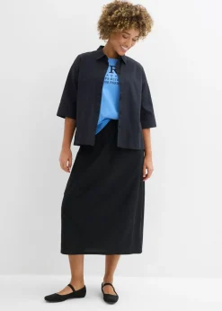 bonprix bonprix Falda midi de mezcla de lino ligero Negro Hot