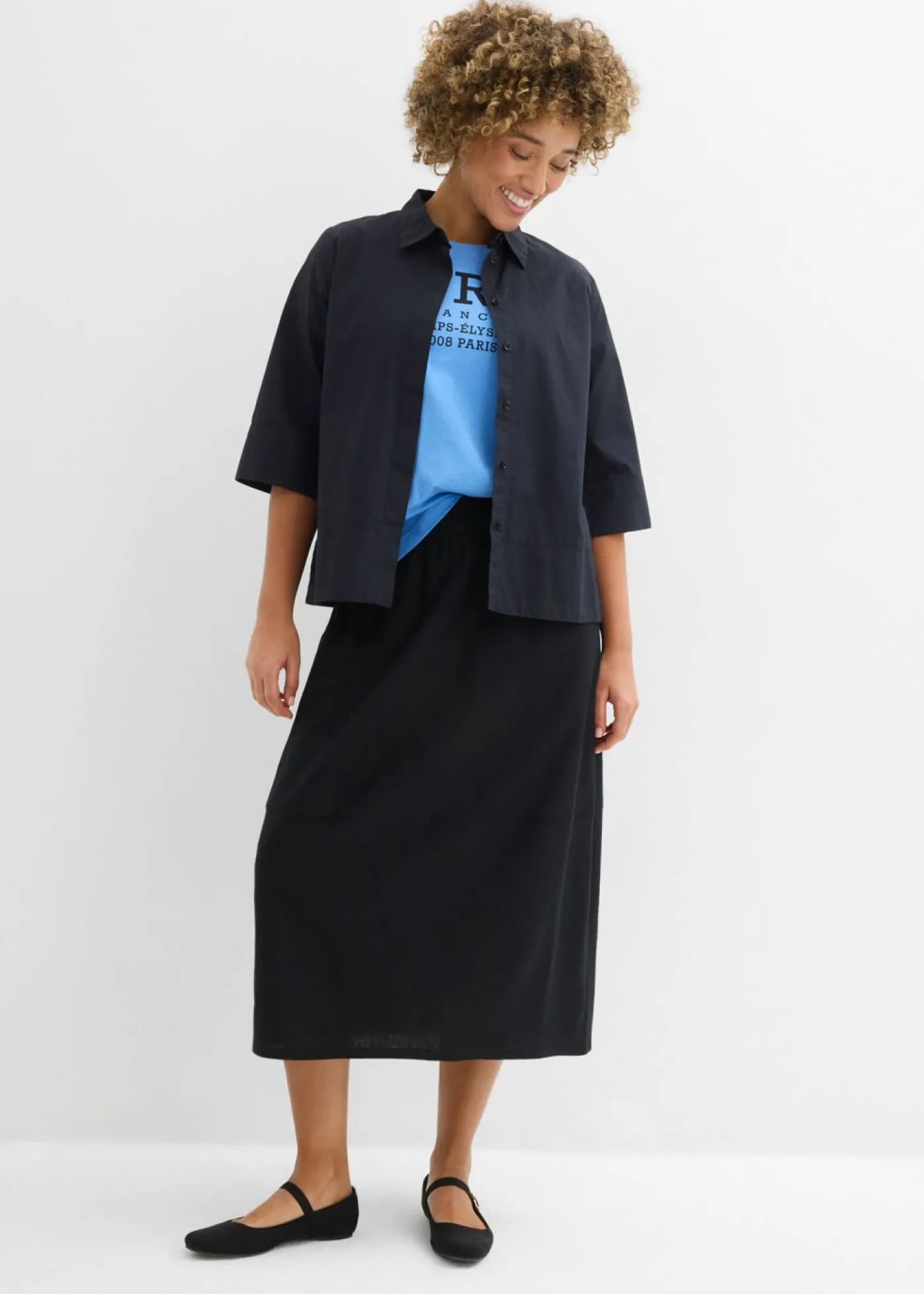 bonprix bonprix Falda midi de mezcla de lino ligero Negro Hot