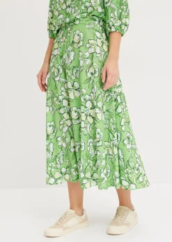 bonprix bonprix Falda midi de mezcla de viscosa fluida Verde trébol de flores Hot