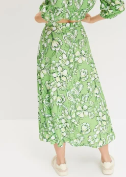bonprix bonprix Falda midi de mezcla de viscosa fluida Verde trébol de flores Hot