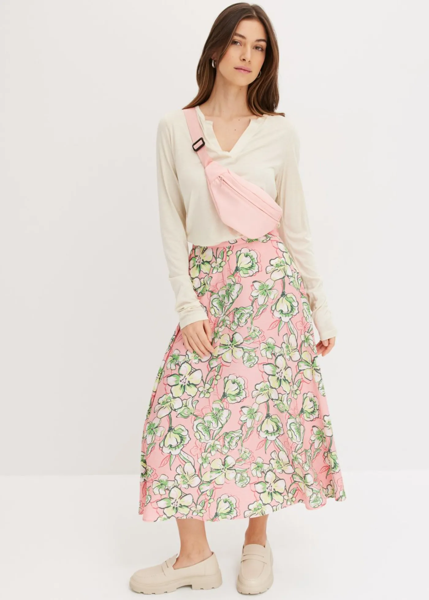 bonprix bonprix Falda midi de mezcla de viscosa fluida rosa pálido Outlet