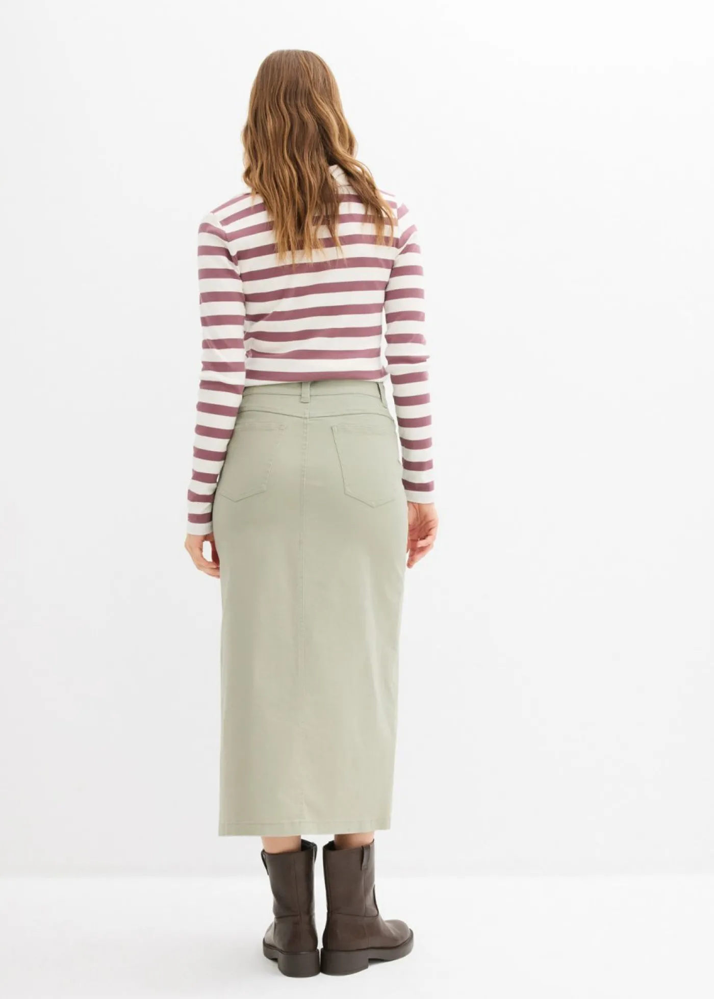 bonprix bonprix Falda midi de sarga Verde alga Sale