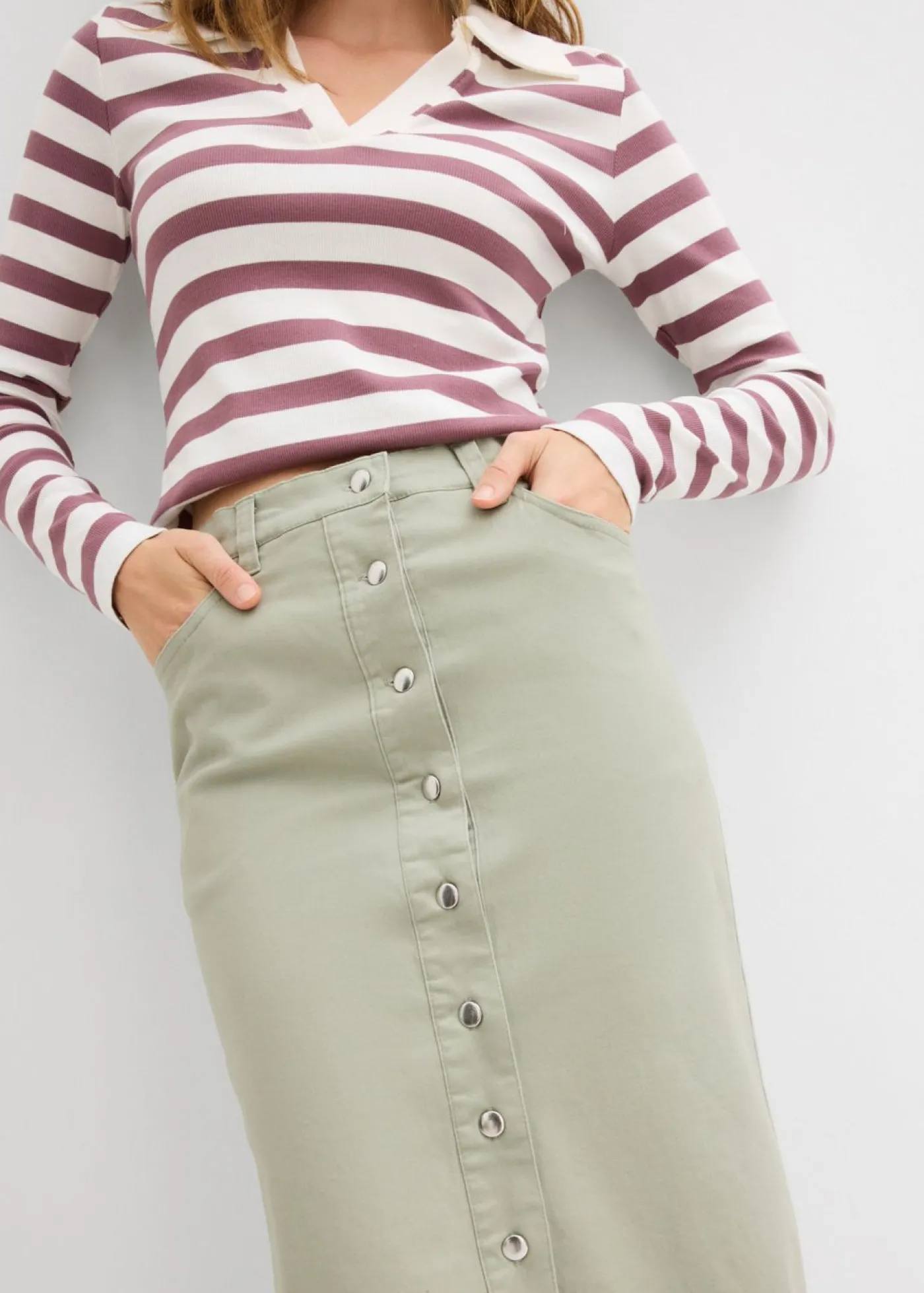 bonprix bonprix Falda midi de sarga Verde alga Sale