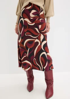bonprix bonprix Falda midi de satén fluido Rojo burdeos-beige mate estampado Hot
