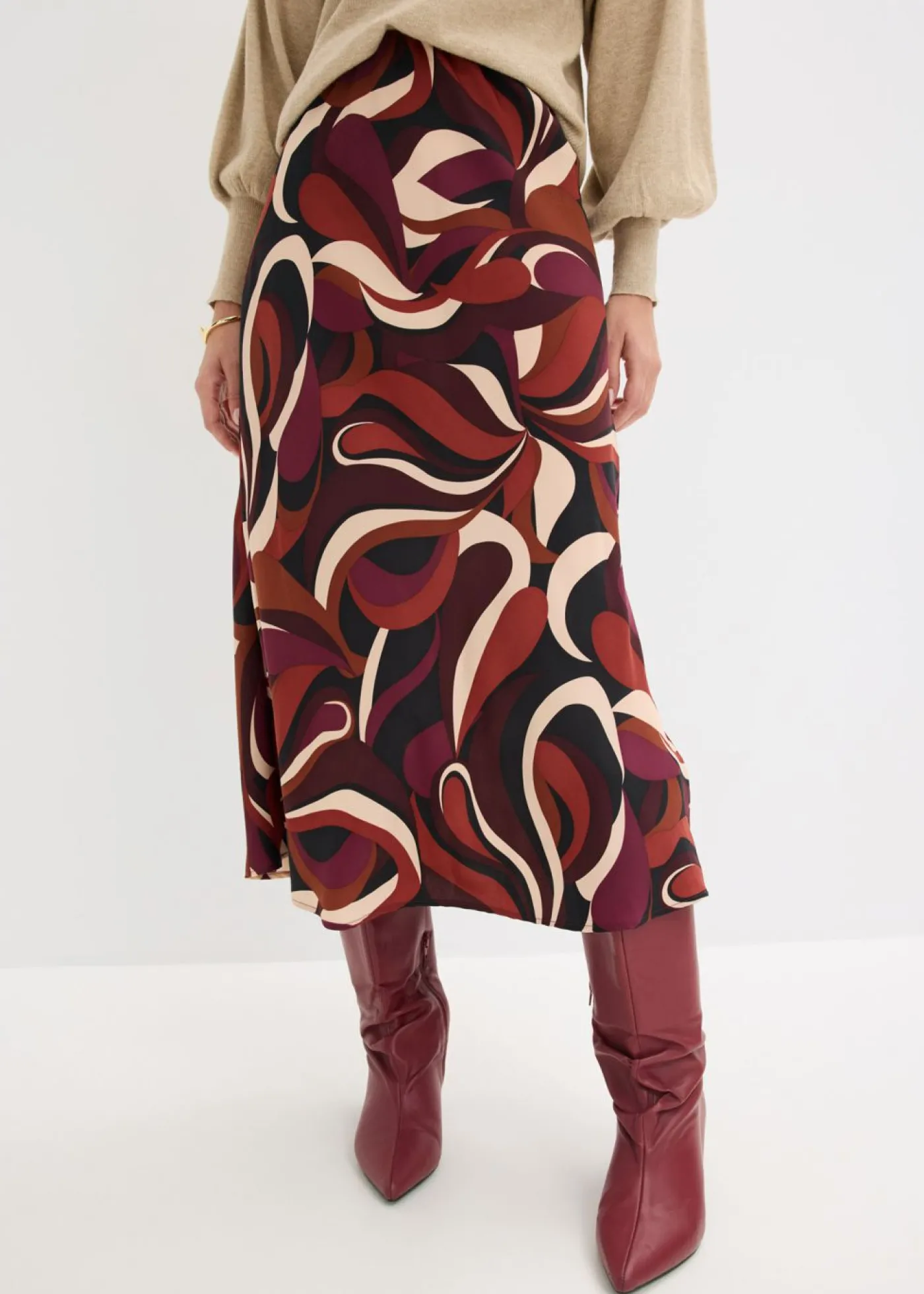 bonprix bonprix Falda midi de satén fluido Rojo burdeos-beige mate estampado Hot