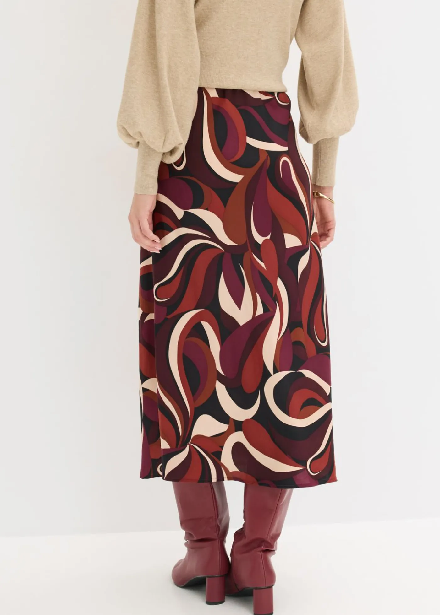 bonprix bonprix Falda midi de satén fluido Rojo burdeos-beige mate estampado Hot
