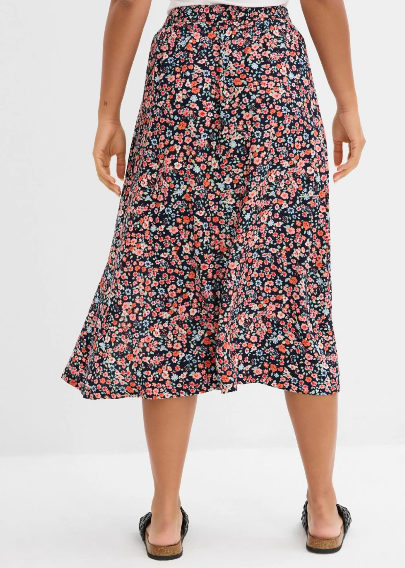 bonprix bonprix Falda midi de viscosa azul marino-blanco-rojo oscuro-fresa-salmón-rosa pálido-rosa claro-tulipán-topacio-turquesa pastel-salvia suave con flores New