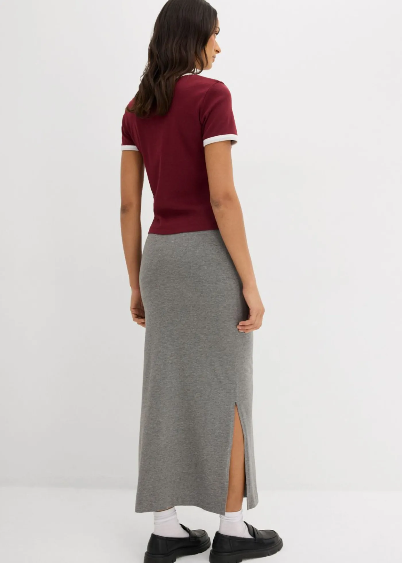 bonprix bonprix Falda midi de viscosa fluida Gris jaspeado Sale