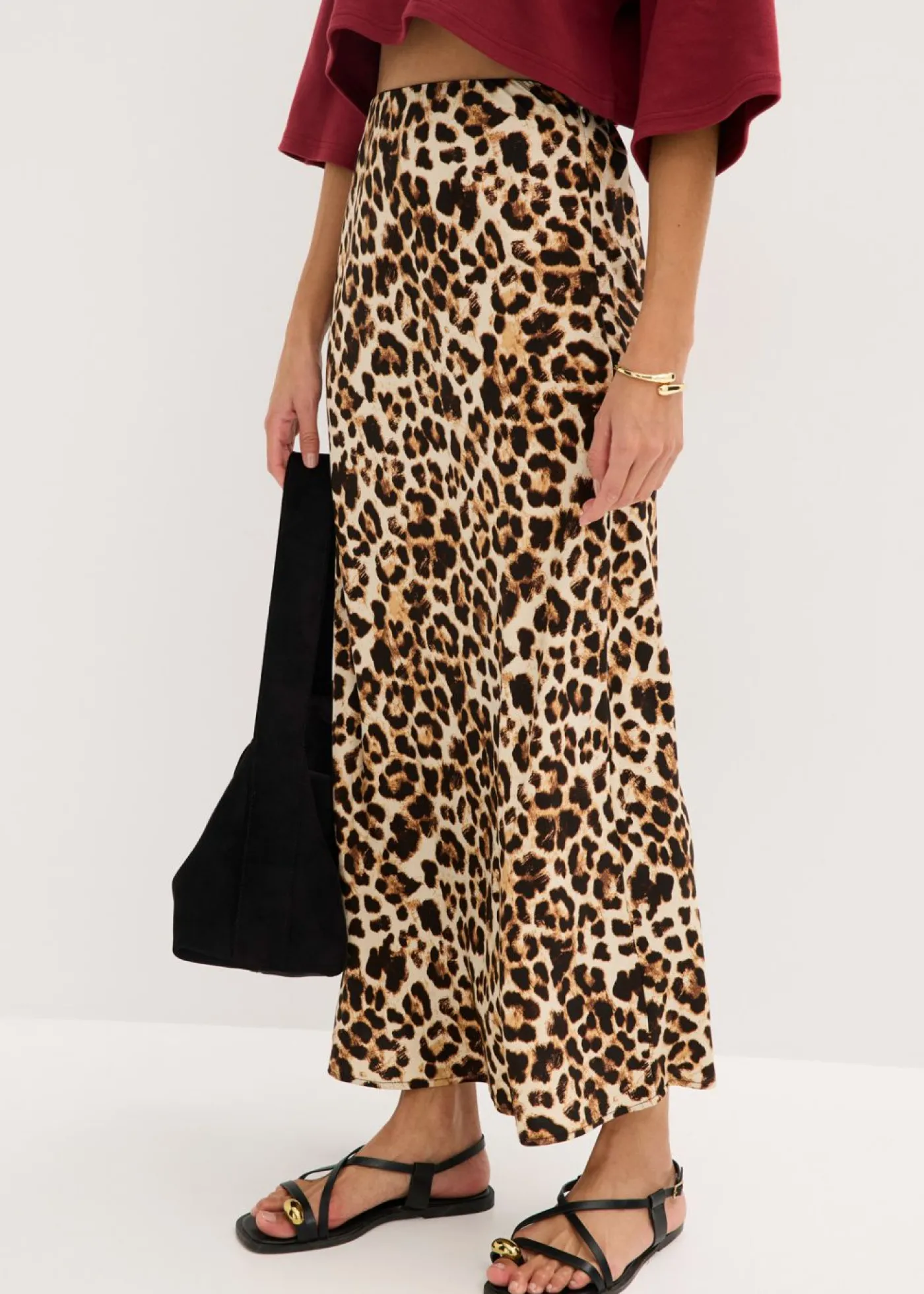 bonprix bonprix Falda midi de viscosa fluida estampado leo beige/negro New