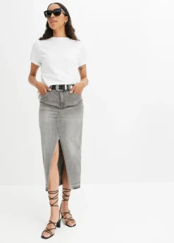 bonprix bonprix Falda vaquera con abertura denim gris claro Hot
