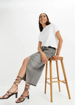 bonprix bonprix Falda vaquera con abertura denim gris claro Hot