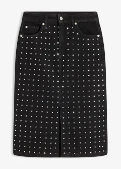 bonprix bonprix Falda vaquera con aplicación de piedras brillantes Negro denim metalizado Online