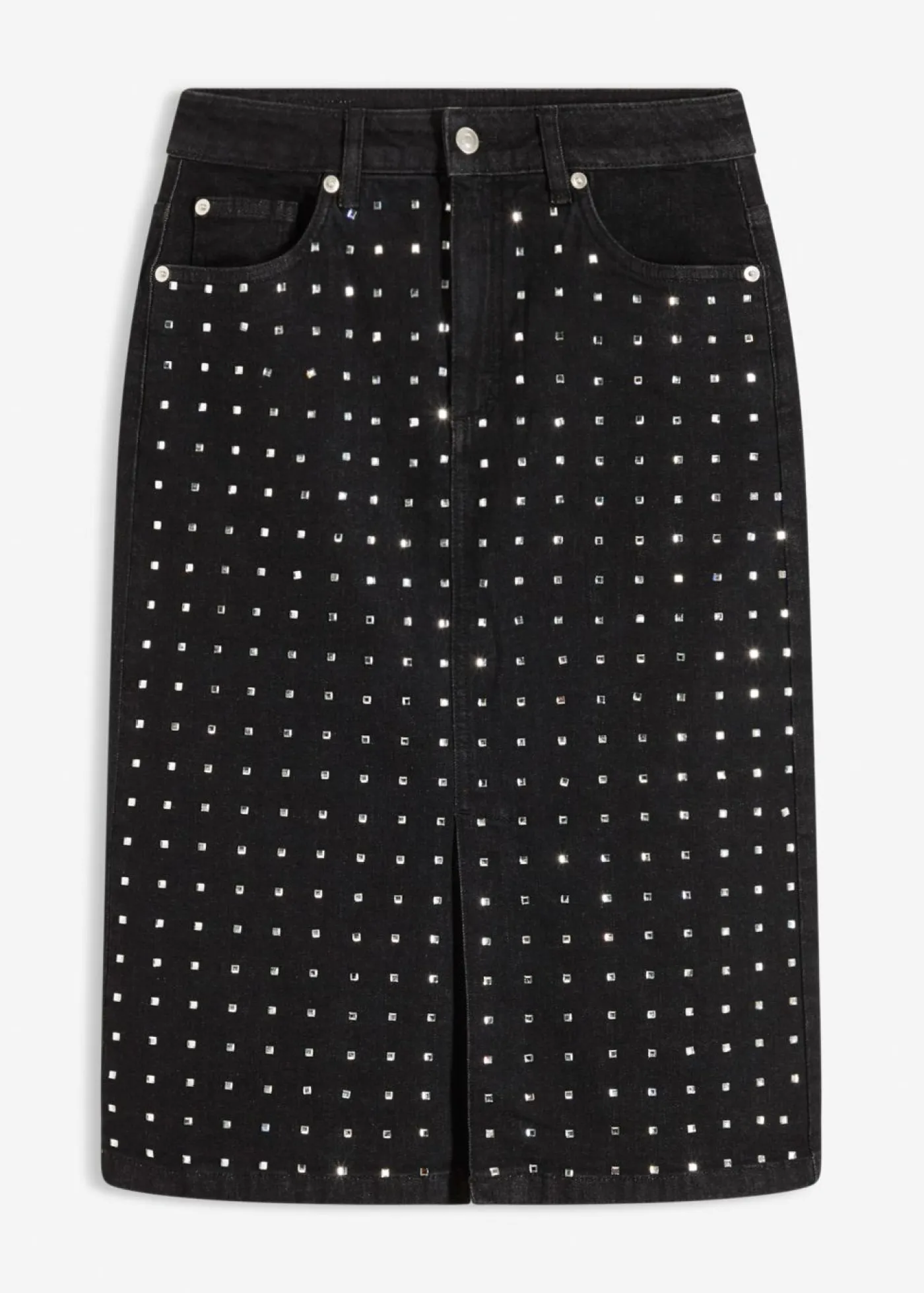 bonprix bonprix Falda vaquera con aplicación de piedras brillantes Negro denim metalizado Online