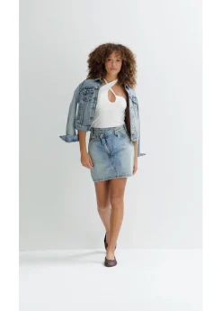 bonprix bonprix Falda vaquera con cinturilla asimétrica Azul piedra usado