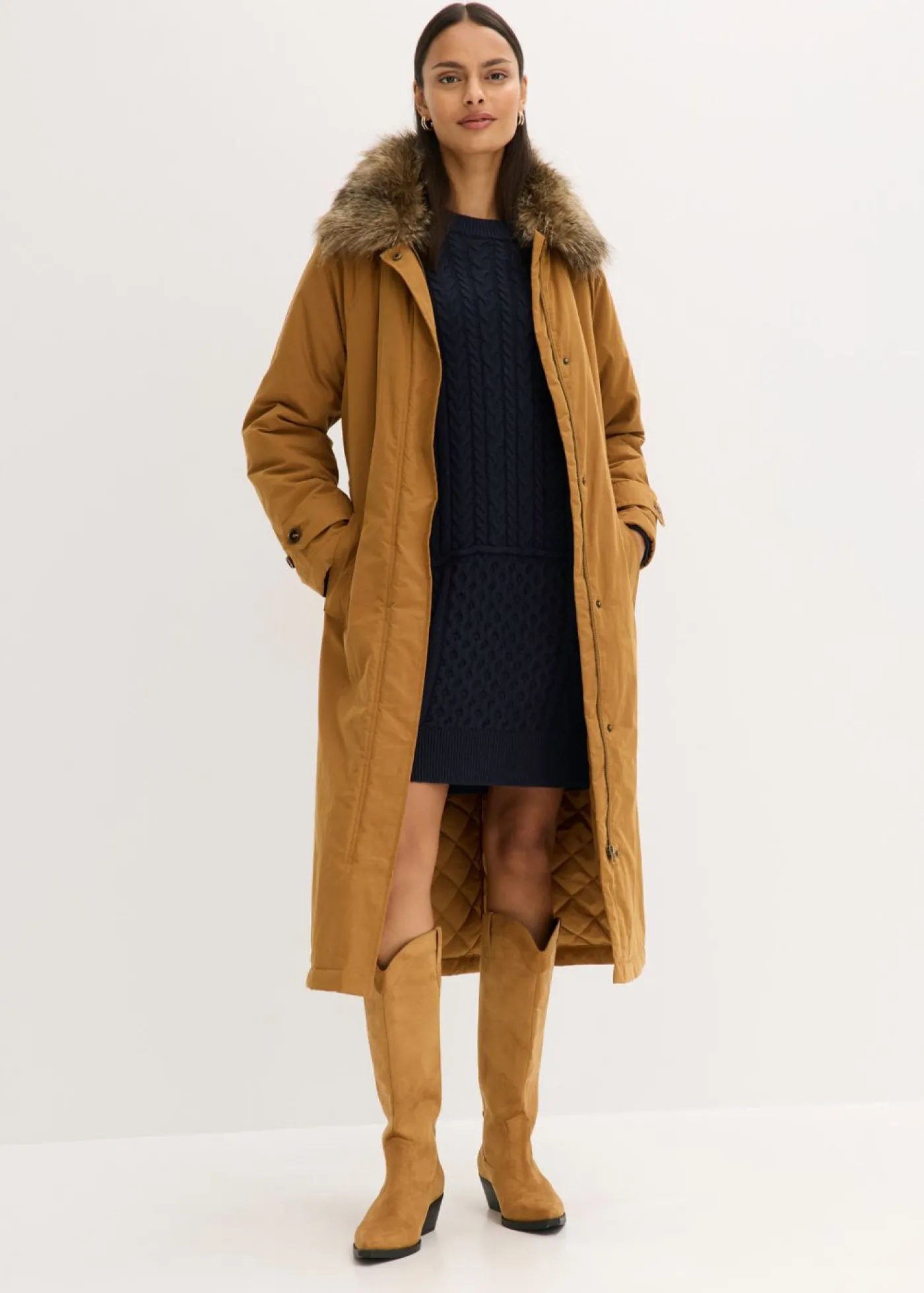 bonprix bonprix Gabardina acolchada con cuello desmontable de pelo Marrón coñac Sale