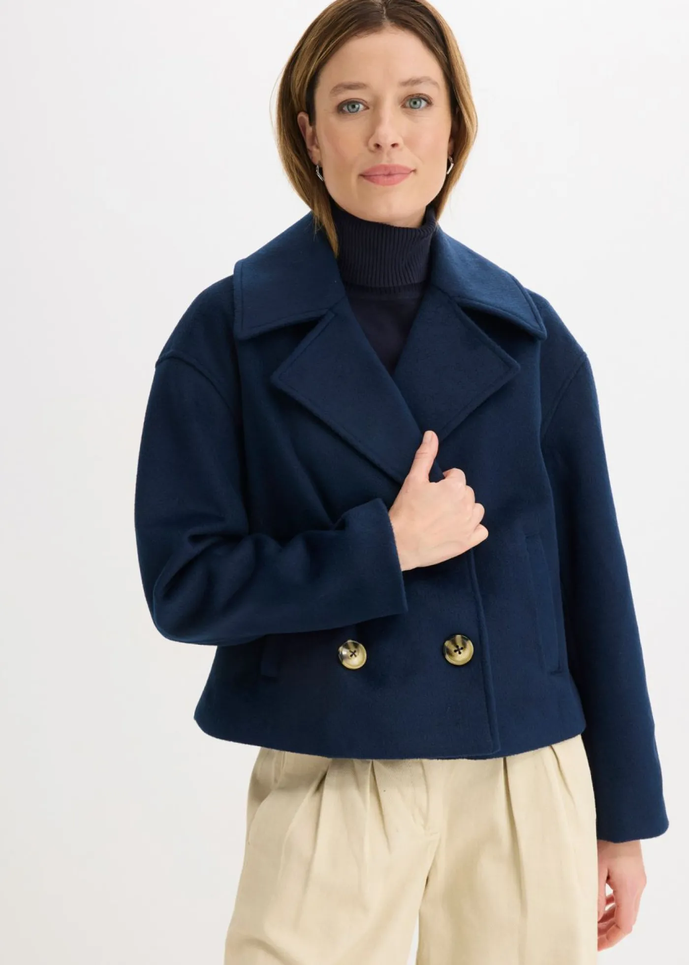 bonprix bonprix Gabardina holgada con aspecto de lana Azul marino Hot